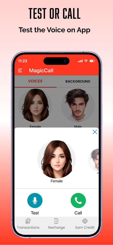 MagicCall - Voice Changer App - Interface do aplicativo MagicCall mostrando opções para testar ou ligar com um modificador de voz feminina.