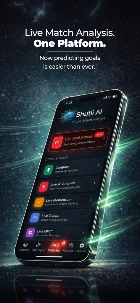 Shutli - Live Match Analysis - Shutli mobile app interface showing live goal signals and AI-powered soccer match analytics