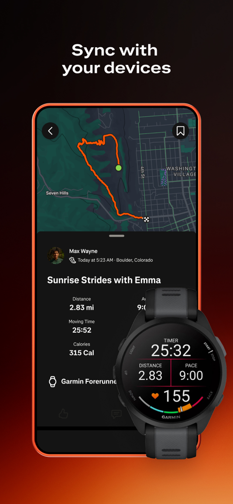 Strava app showing a run route and stats synchronized with a Garmin smartwatch