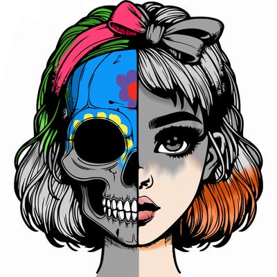 realistic girl with half skull mask
