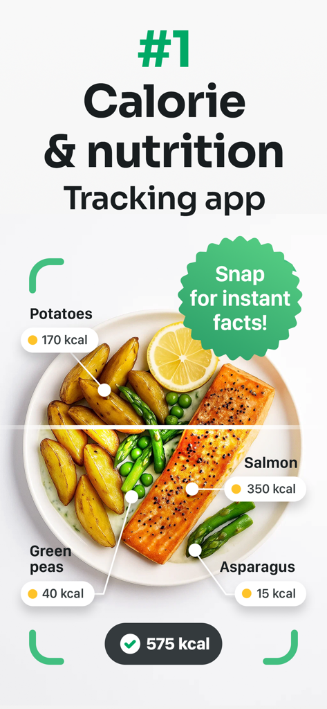 AI Calorie Tracker ・ Counter - Interfaz de la aplicación Nutri Joy que muestra el conteo de calorías por IA y el análisis nutricional de un plato de salmón con verduras a partir de una foto