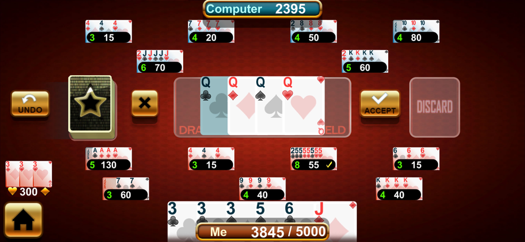 Canasta classic Royale Offline - Gameplay screen of Canasta classic Royale showing card melds and scores on a dark red digital table.