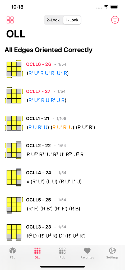 OLL algorithm list in the Cube CFOP app displaying Rubiks cube patterns and move sequences