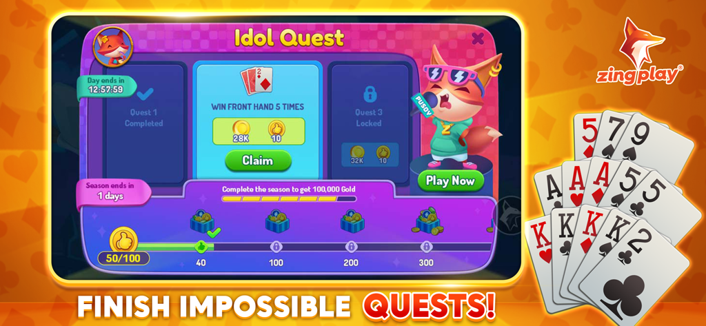 Pusoy ZingPlay - Chinese Poker - Interfaz de la aplicación Pusoy ZingPlay mostrando la función de Misión de Ídolo con recompensas y una mascota de zorro de dibujos animados.