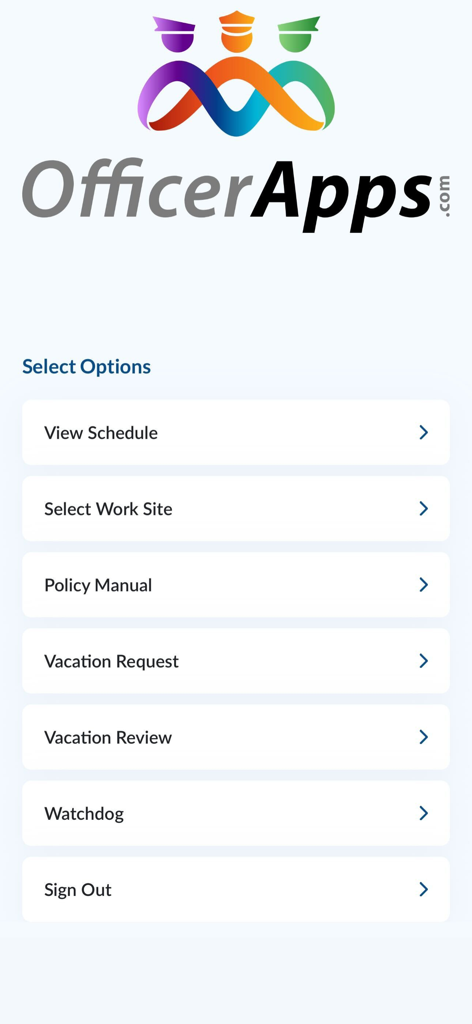 Main menu screen of OfficerApps security guard management software showing navigation options