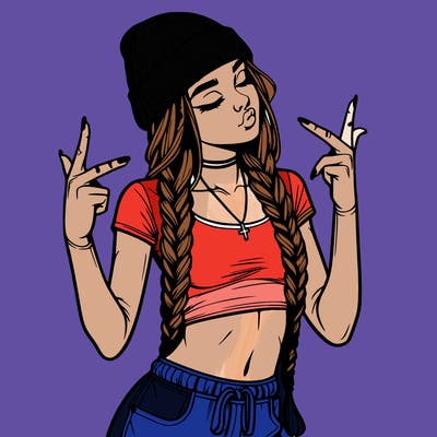 realistic teenage girl with braids and a beanie and crop top doing 🫶🏼