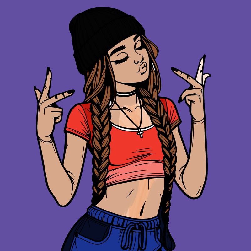 realistic teenage girl with braids and a beanie and crop top doing 🫶🏼