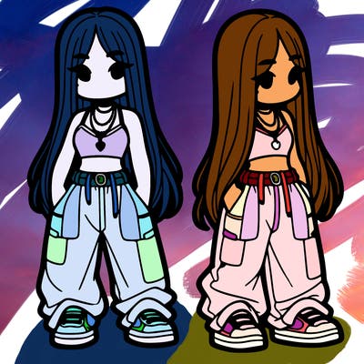 girl in baggy pants crop top and long hair