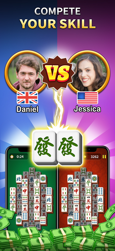 Dos jugadores compitiendo cara a cara en una partida de Mahjong Solitario en tiempo real por premios en efectivo.