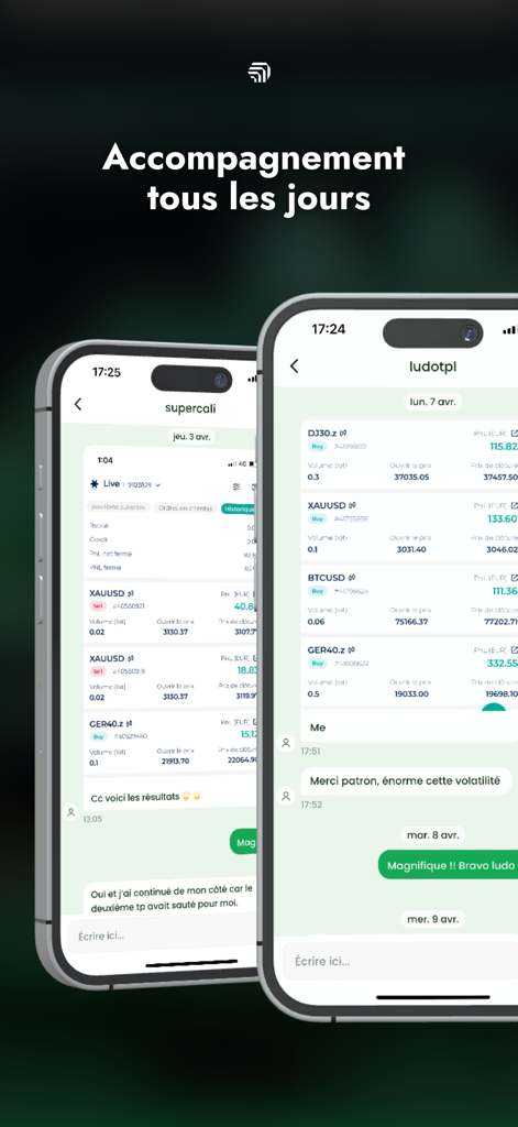 Passion Trade app interface showing trading results and community chat on two iPhones
