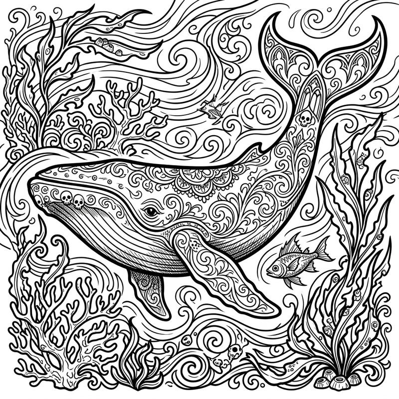 Embark on an artistic adventure with this stunning Gothic Blue Whale coloring page, blending the grandeur of the ocean's giant with dark, elegant patterns. Immerse yourself in a world of ornate aquatic life, perfect for bringing a unique creative vision to life.