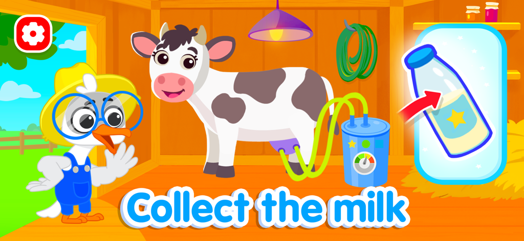 Farming game: Animal farm life - 子供向けの教育的な農場ゲームで、フレンドリーなガチョウのキャラクターがいる納屋で、カートゥーンの牛が搾乳されている
