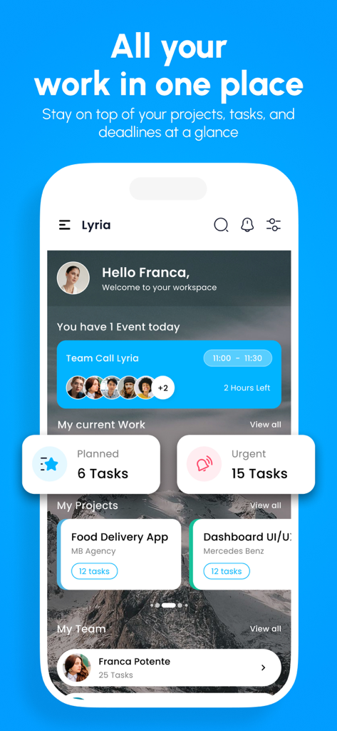 Project Management for Teams - Lyria project management dashboard showing tasks and projects on an iPhone