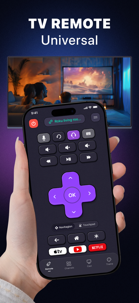 TV Remote Control Universal + - A hand holding an iPhone showing the TV Remote Control Universal app interface with a smart TV in the background