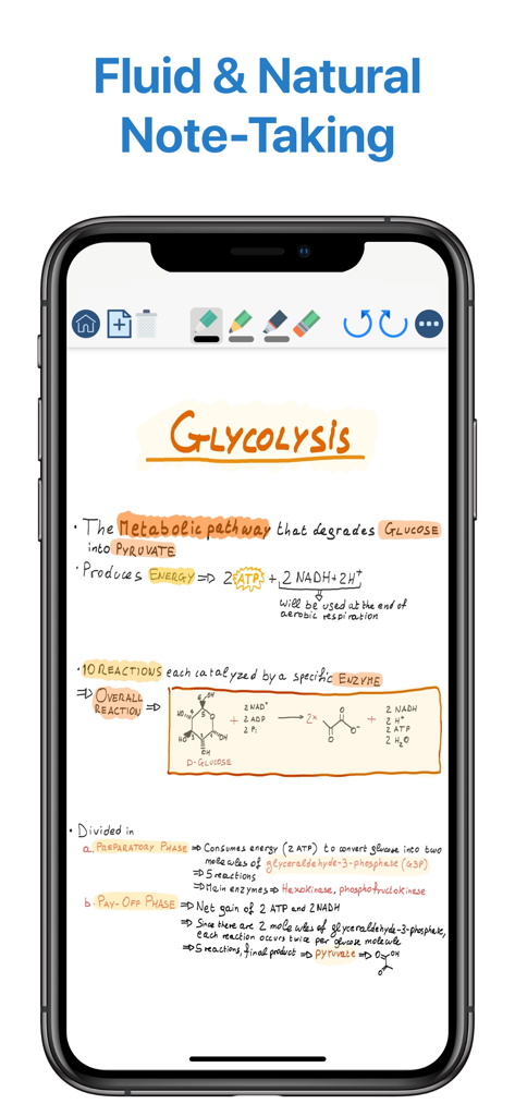 Handwritten biology study notes on glycolysis displayed in the QuickNotes X Pro app interface on iPhone