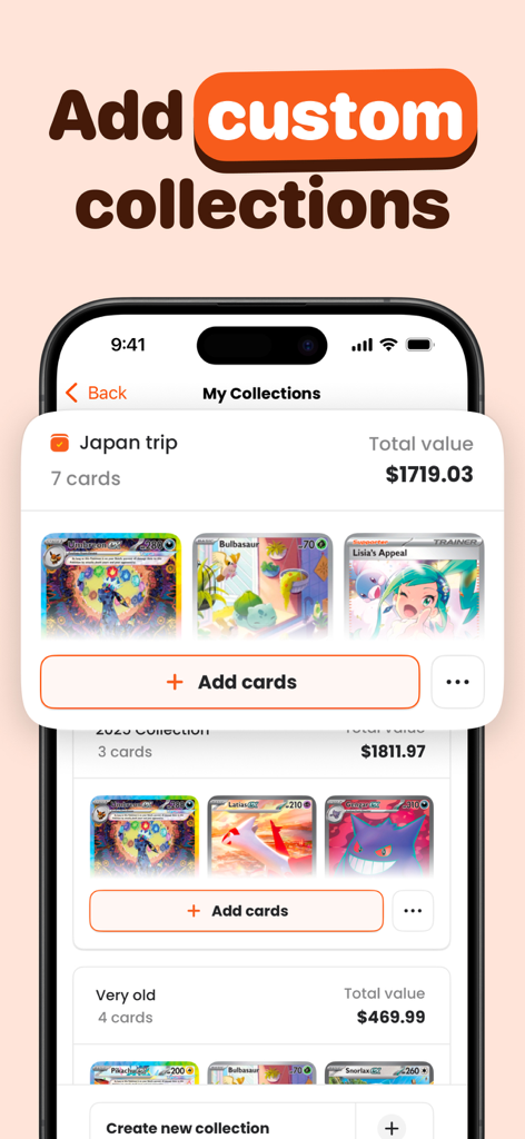 Acorn TCG Card Value Scanner - Acorn TCG mobile app interface showing custom Pokémon card collections and their total market value.