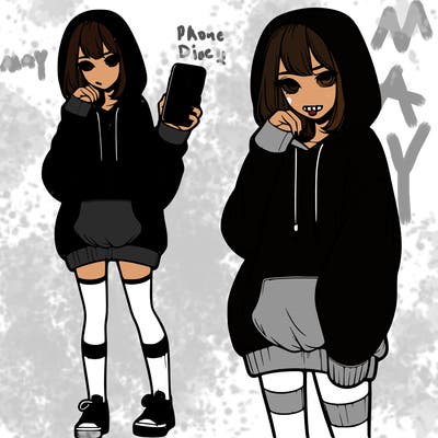 realistic girl who looks tired and is wearing an oversized hoodie and knee high socks and is holding a phone