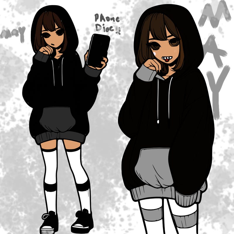 realistic girl who looks tired and is wearing an oversized hoodie and knee high socks and is holding a phone