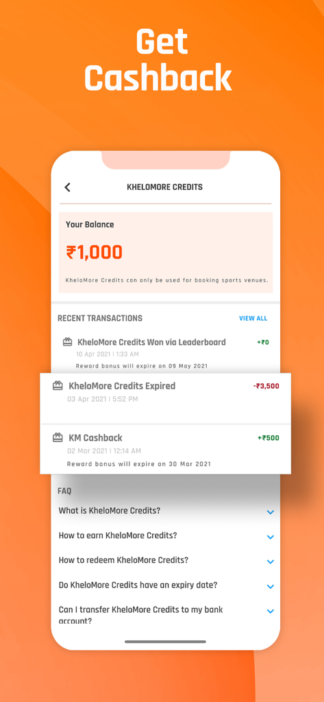 KheloMore mobile app screen showing user credit balance and transaction history for rewards and cashback