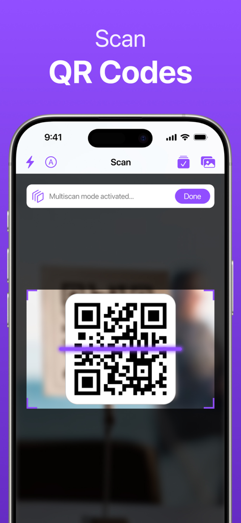 iPhone screen scanning a QR code with multiscan mode activated