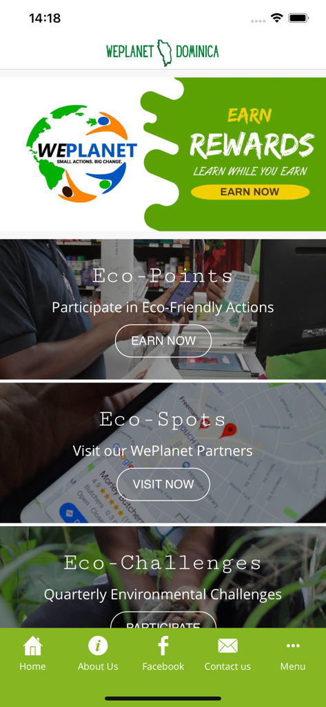 WePlanet - WePlanet App-Startbildschirm mit Abschnitten zum Sammeln von Öko-Punkten durch umweltfreundliche Aktionen, Besuche von Öko-Orten und Teilnahme an vierteljährlichen Umwelt-Herausforderungen.