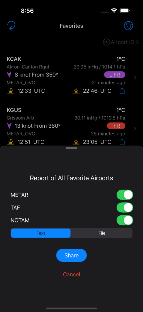 Capture d'écran du partage des rapports METAR TAF et NOTAM pour les aéroports favoris.