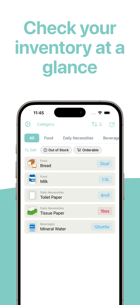 Stockn (inventory management) - Interfaz de la aplicación Stockn que muestra una lista de inventario del hogar codificada por colores con artículos como pan, leche y papel higiénico