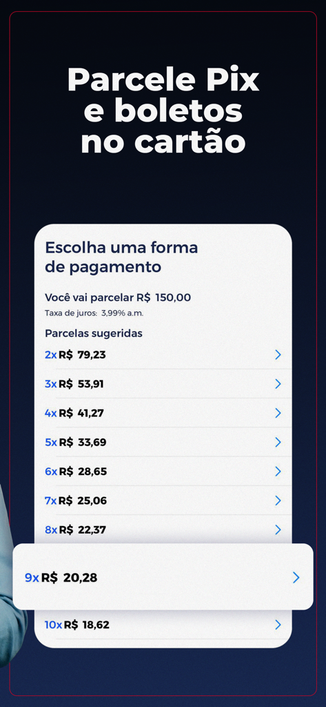 Digio app screen for Pix and bill installments on credit card