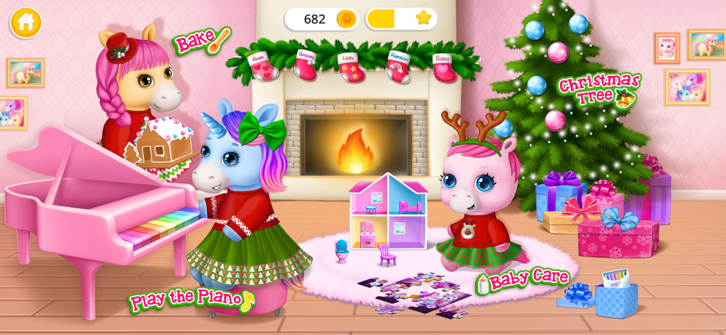 Pony Sisters Christmas - Three pony sisters in a festive room with a Christmas tree fireplace and pink piano