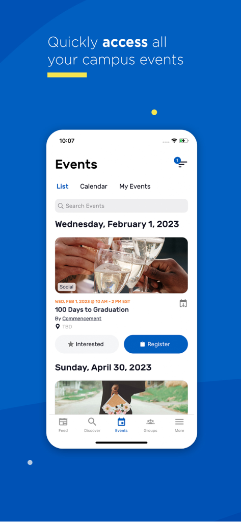CampusGroups - CampusGroupsアプリのモバイル画面。登録オプション付きの今後のキャンパスイベントが表示されます。