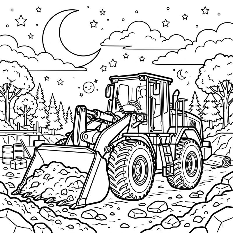 Embark on a creative journey with this exciting coloring page featuring a powerful wheel loader. Discover the intricate details of heavy machinery illuminated by the enchanting night sky.