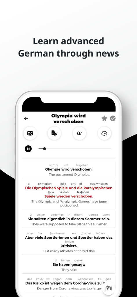Interface d'une application mobile pour apprendre l'allemand à travers des articles d'actualité avec transcriptions audio et traductions