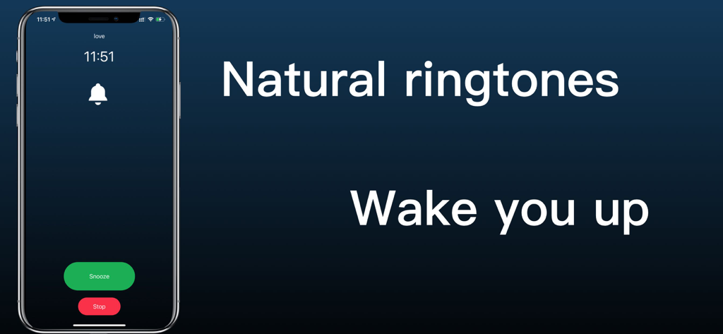 Smartphone que muestra la pantalla de alarma del reloj flip con botones de posponer y detener y texto para tonos de llamada naturales.