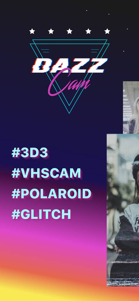 Dazz Cam Dispo.sable - Tela do aplicativo Dazz Cam mostrando o logotipo retrô de neon e hashtags para efeitos VHS e glitch