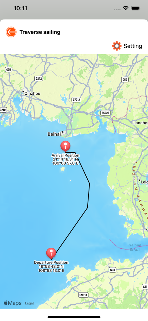 Nautical Calculator Pro - A map interface in the Nautical Calculator Pro app displaying a traverse sailing route with departure and arrival coordinates.