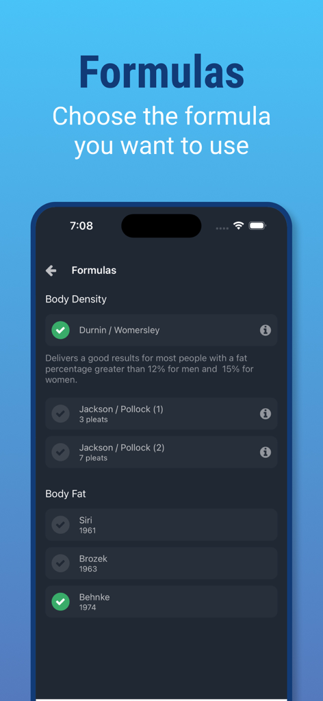 Interface for selecting scientific body density and body fat formulas in the Plixi app