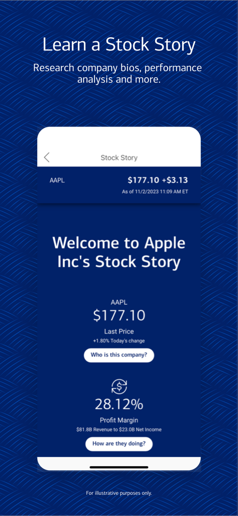 MyMerrill - Interfaz de la aplicación MyMerrill que muestra una noticia sobre acciones y un análisis del rendimiento financiero de Apple Inc.