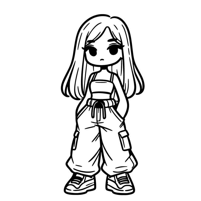 girl in baggy pants crop top with long hair