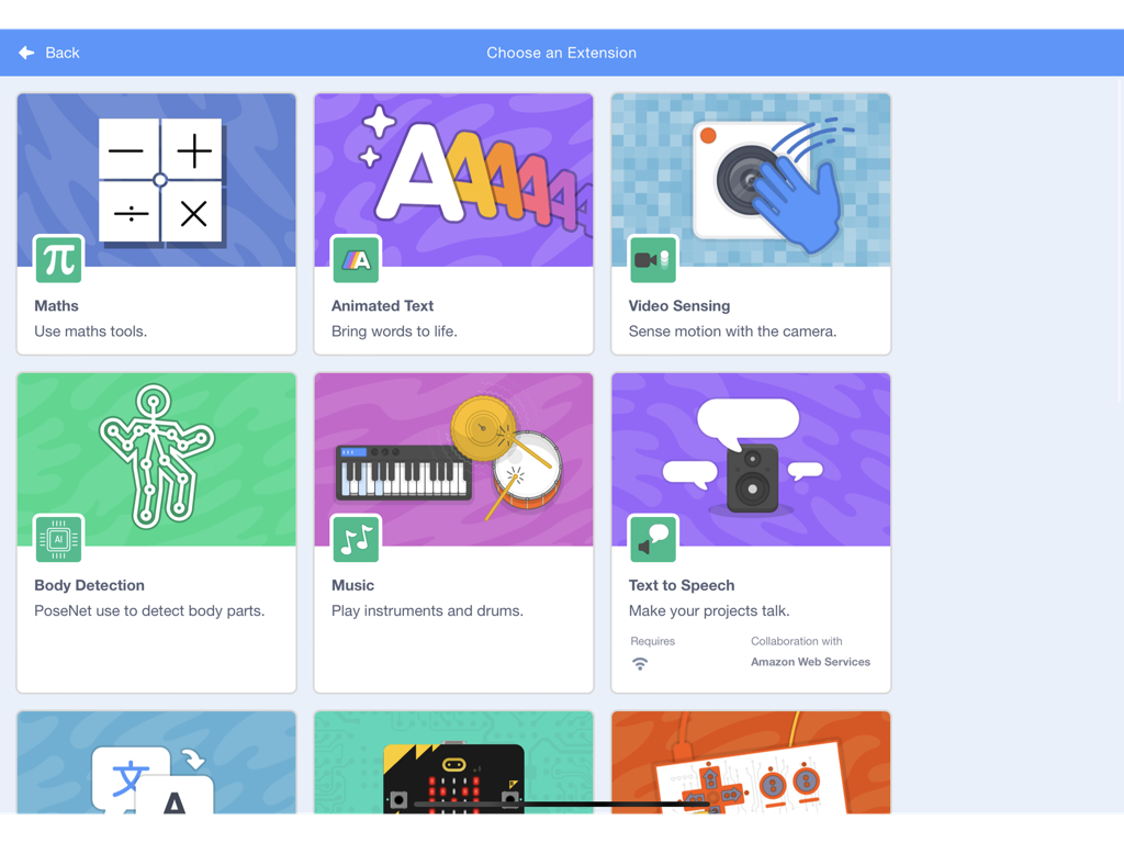ScratchUP - A menu in the ScratchUP app showing various coding extensions like body detection video sensing and music