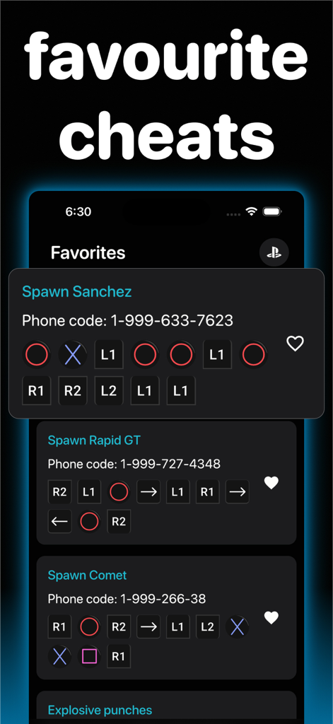 Cheat Codes for GTA Cheats Pro - Mobile app screen showing a list of favorite GTA cheat codes with PlayStation button sequences and phone codes