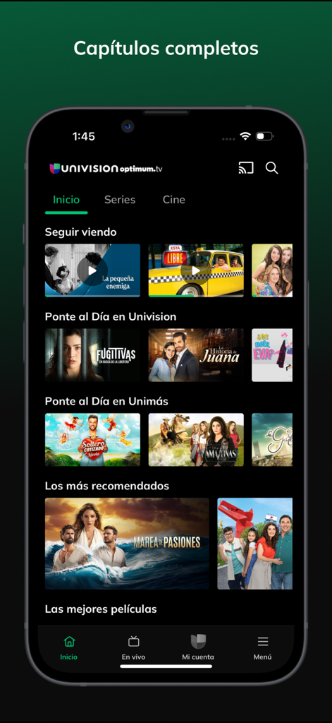 The Univision app home screen featuring a variety of Spanish-language series and movies.