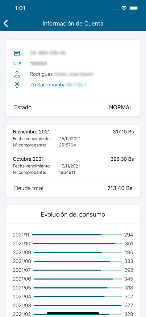 Elfec Móvil - Elfec Movil app screen showing account details, billing history, and electricity consumption chart.
