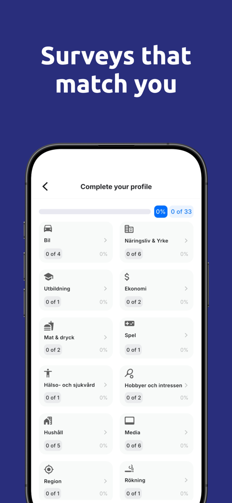 Syno Panel - Syno Panel app screen displaying various profile categories to match users with relevant surveys.