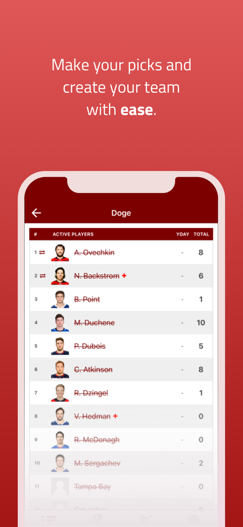 Officepools app interface displaying a list of hockey players to pick for a team roster
