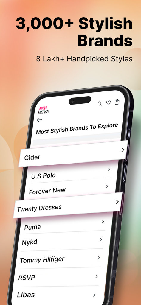 Nykaa Fashion - Shopping App - Pantalla de la aplicación Nykaa Fashion que muestra una lista de más de 3000 marcas elegantes, incluidas Tommy Hilfiger y Puma