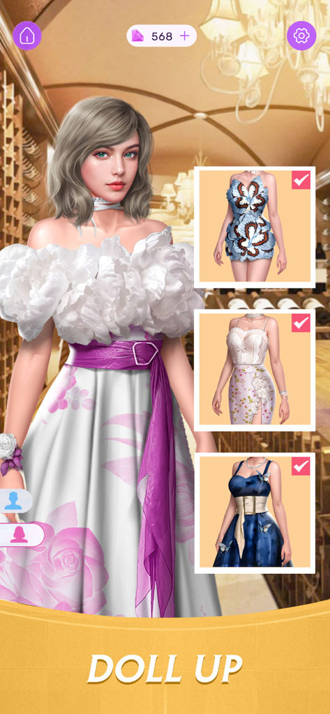Pantalla de personalización de personajes en la aplicación Scripts que muestra un avatar femenino y tres opciones de vestido diferentes.