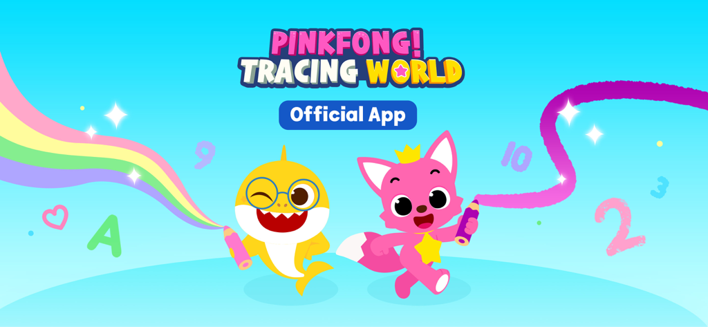 Pinkfong Tracing World - Pinkfong and Baby Shark characters drawing letters and numbers on a bright blue background