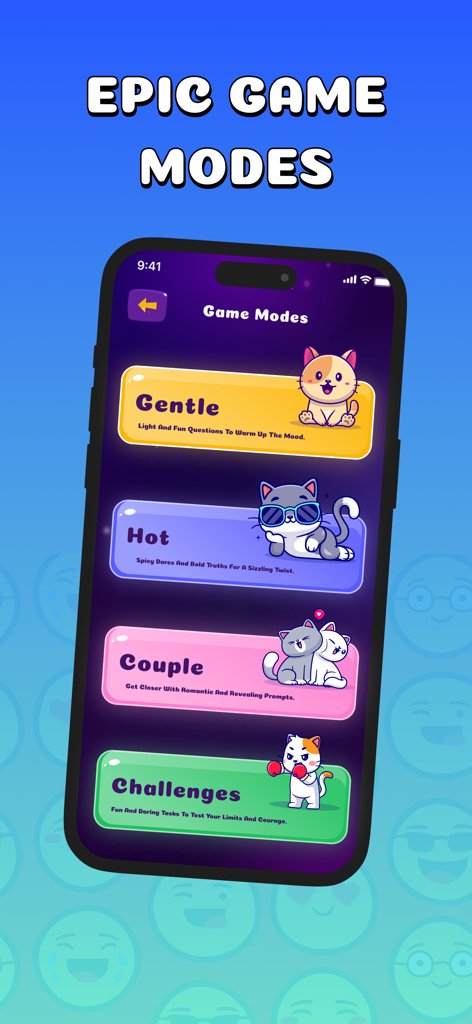 Truth or Dare party game app screen displaying different game modes like Gentle, Hot, Couple, and Challenges with cute cat illustrations.