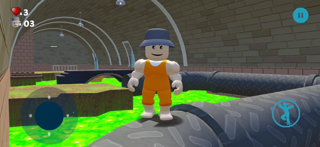 Parkour Escape Prison Breakout - A blocky character in an orange jumpsuit navigating pipes over green toxic liquid in a prison breakout parkour game