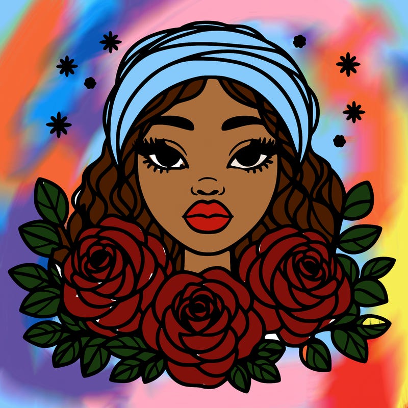 black woman portrait surrounded by roses